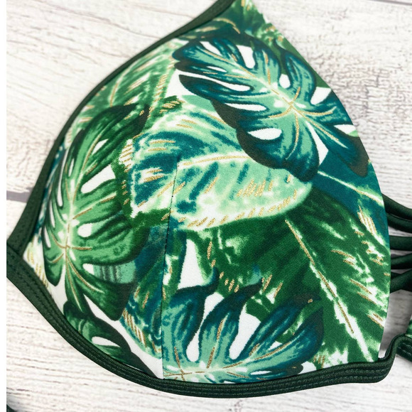 NEW RELLECIGA designed in Paris Gold Shimmer Green Leaf Tropical Bikini Top L - Picture 2 of 8